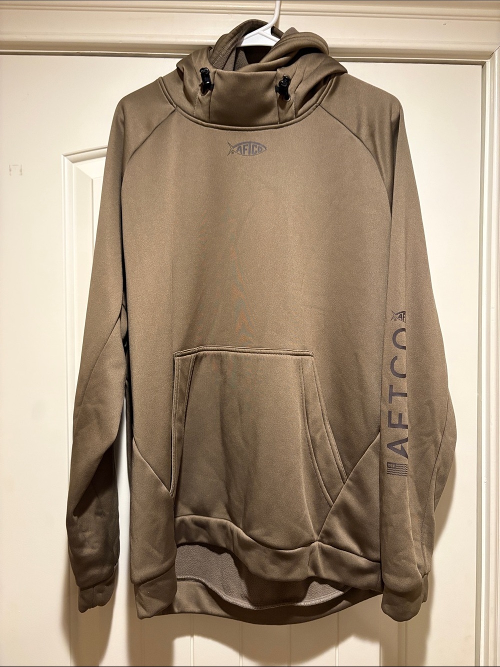 AFTCO Men's Pullover Hoodie with built in wind break face mask in Taupe